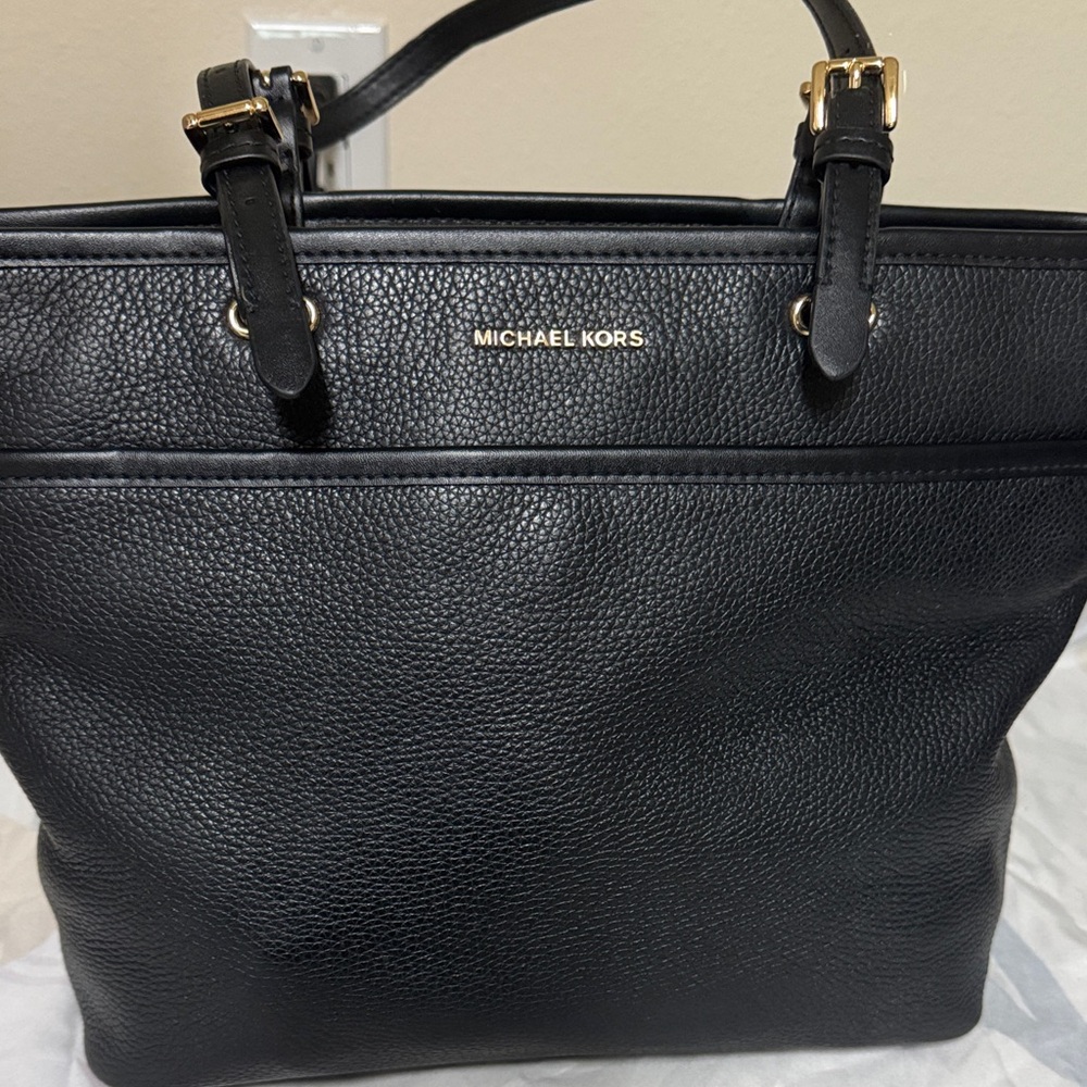 Michael Kors Black Pebbled Leather Shoulder Tote with Gold Hardware